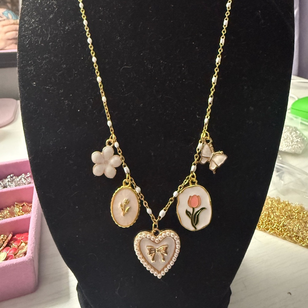 Hand Made, 18k Gold Plated Charm Necklace with Floral Accents - Picture 3 of 4